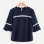 Navy Crochet Detail Fluted Sleeve Blouse Autumn Round Neck Half Sleeve Plain Blouse With Button Ladi
