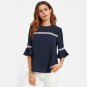 Navy Crochet Detail Fluted Sleeve Blouse Autumn Round Neck Half Sleeve Plain Blouse With Button Ladi