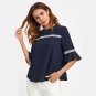 Navy Crochet Detail Fluted Sleeve Blouse Autumn Round Neck Half Sleeve Plain Blouse With Button Ladi