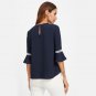 Navy Crochet Detail Fluted Sleeve Blouse Autumn Round Neck Half Sleeve Plain Blouse With Button Ladi