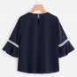 Navy Crochet Detail Fluted Sleeve Blouse Autumn Round Neck Half Sleeve Plain Blouse With Button Ladi