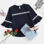Navy Crochet Detail Fluted Sleeve Blouse Autumn Round Neck Half Sleeve Plain Blouse With Button Ladi