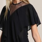Black Mesh Cut Out Flounce Tunic Blouses 2017 Summer Short Sleeve Plain Tops Women\'s Work Wear Casu