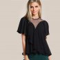 Black Mesh Cut Out Flounce Tunic Blouses 2017 Summer Short Sleeve Plain Tops Women\'s Work Wear Casu