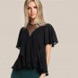 Black Mesh Cut Out Flounce Tunic Blouses 2017 Summer Short Sleeve Plain Tops Women\'s Work Wear Casu