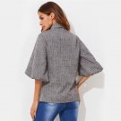 Exaggerated Lantern Sleeve Tied Neck Bow Striped Blouse 2017 Women Fashion Grey Band Collar Half Sle
