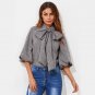 Exaggerated Lantern Sleeve Tied Neck Bow Striped Blouse 2017 Women Fashion Grey Band Collar Half Sle