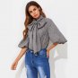 Exaggerated Lantern Sleeve Tied Neck Bow Striped Blouse 2017 Women Fashion Grey Band Collar Half Sle