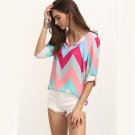 Summer Women Tops Colored Zig-zag Print Rolled-up Long Sleeve V Neck Shirts Multi Color Blouse