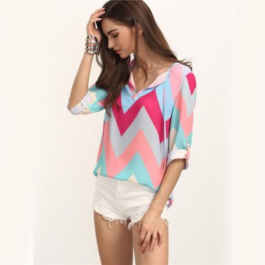 Summer Women Tops Colored Zig-zag Print Rolled-up Long Sleeve V Neck Shirts Multi Color Blouse