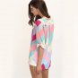 Summer Women Tops Colored Zig-zag Print Rolled-up Long Sleeve V Neck Shirts Multi Color Blouse