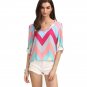 Summer Women Tops Colored Zig-zag Print Rolled-up Long Sleeve V Neck Shirts Multi Color Blouse