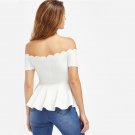 White Elegant Peplum Tops  Scalloped Off Shoulder Blouse Women Sexy Summer Tops Ruffle Zip Back Bard
