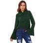 Long Sleeve Blouse Green Stand Collar Bow Tied Neck Ruffle Flare Sleeve Top Women Bell Cuff Elegant 