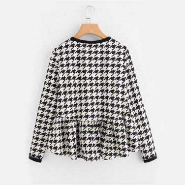 Frilled High Low Houndstooth Blouses 2017 Round Neck Long Sleeve Ruffle Tiered Cute Blouse Women Cas