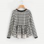 Frilled High Low Houndstooth Blouses 2017 Round Neck Long Sleeve Ruffle Tiered Cute Blouse Women Cas