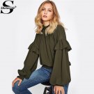 Frill Trim High Neck Ruffle Sleeve Shirts Smocked Hem Army Green Women Blouse 2017 Elegant Top Casua