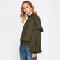 Frill Trim High Neck Ruffle Sleeve Shirts Smocked Hem Army Green Women Blouse 2017 Elegant Top Casua
