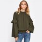 Frill Trim High Neck Ruffle Sleeve Shirts Smocked Hem Army Green Women Blouse 2017 Elegant Top Casua