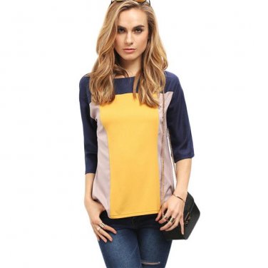 Summer  Color Block Round Neck Tops Women Multi Color Patchwork Three Quarter Length Loose Blouse