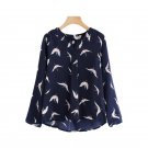 V-neckline High Low Seamless Pattern Blouse 2017 Navy Printed Long Sleeve Dip Hem Blouse Women Casua