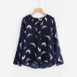 V-neckline High Low Seamless Pattern Blouse 2017 Navy Printed Long Sleeve Dip Hem Blouse Women Casua