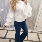 White Round Neck Ruffle Long Sleeve Shirt Ladies Work Wear Fashion Tops Women Vogue Blouse