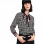 Spring Long Sleeve Blouse Stand Collar Mixed Print Tied Neck Bow Plaid Shirt Women Elegant Polka Dot