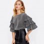 Pearl Beading Tiered Flare Sleeve Glitter Women Blouse 2017 Half Ruffle Sleeve Elegant Top Ladies Bl