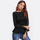 Black Fashion Zip Cuff Peplum Blouse 2017 Round Neck Long Sleeve Ruffle Plain Blouse Women OL Style 