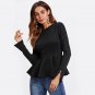 Black Fashion Zip Cuff Peplum Blouse 2017 Round Neck Long Sleeve Ruffle Plain Blouse Women OL Style 