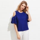 Spring Half Sleeve Chiffon Blouse Navy Round Neck Flare Sleeve Cold Shoulder Plain Top Women Elegant