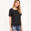 High Quality Blouse Women Shirt Short Sleeve Blouse Black Laser Cutout Scallop Hem Top O Neck Blouse