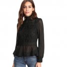Long Sleeve Peplum Blouse Black Stand Collar Lace Panel See Through Ruffle Hem Top Women Sheer Elega