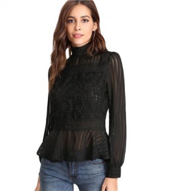 Long Sleeve Peplum Blouse Black Stand Collar Lace Panel See Through Ruffle Hem Top Women Sheer Elega