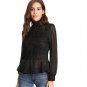 Long Sleeve Peplum Blouse Black Stand Collar Lace Panel See Through Ruffle Hem Top Women Sheer Elega