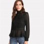 Long Sleeve Peplum Blouse Black Stand Collar Lace Panel See Through Ruffle Hem Top Women Sheer Elega