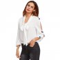 Bow Embellished Split Sleeve Tie Neck Bow Blouse White V Neck Long Sleeve Plain Top 2017 Women Elega
