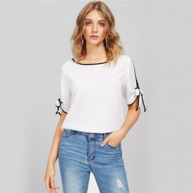 Bow Tie Split Sleeve Blouse White Elegant Tops Contrast Binding Women Autumn Sheer Tops Casual Chiff