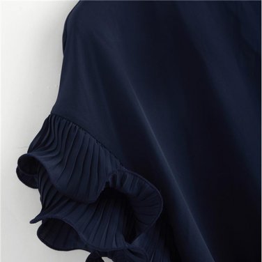 Navy Ruffle Sleeve Blouse Solid Round Neck Zipper  Regular Fit Top 2018 Summer Women Short Sleeve Bl
