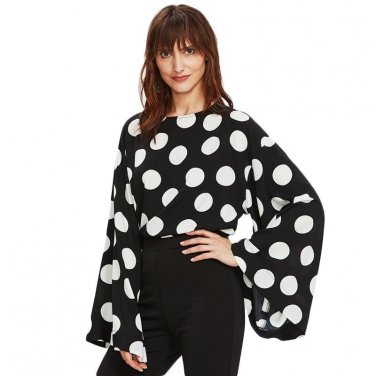 Exaggerated Flare Sleeve Keyhole Back Polka Dot Blouse 2017 Round Neck Long Sleeve Elegant Top Women
