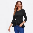 Princess Seam Asymmetric Peplum Blouse Women Round Neck 3/4 Sleeve Zipper High Low Elegant Top 2017 