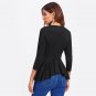 Princess Seam Asymmetric Peplum Blouse Women Round Neck 3/4 Sleeve Zipper High Low Elegant Top 2017 