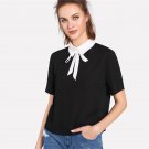 Women Cute Summer Top Contrast Collar Keyhole Back Ladies Blouse Casual Black Short Sleeve Chiffon B