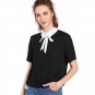Women Cute Summer Top Contrast Collar Keyhole Back Ladies Blouse Casual Black Short Sleeve Chiffon B