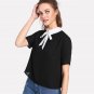 Women Cute Summer Top Contrast Collar Keyhole Back Ladies Blouse Casual Black Short Sleeve Chiffon B