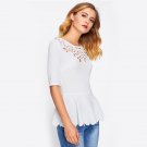 Laser Cut Neck Scallop Hem Textured Peplum Blouse 2017 White Round Neck Half Sleeve Plain Blouse Wom
