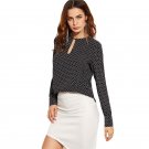 Women Tops and Blouses New Fashion Women Shirts Black Polka Dot Print Keyhole Long Sleeve Blouse