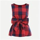Belted Red Plaid Shell Blouse For Ladies Summer Round Neck Sleeveless Casual Peplum Blouse 2017 Wome