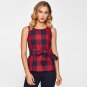 Belted Red Plaid Shell Blouse For Ladies Summer Round Neck Sleeveless Casual Peplum Blouse 2017 Wome